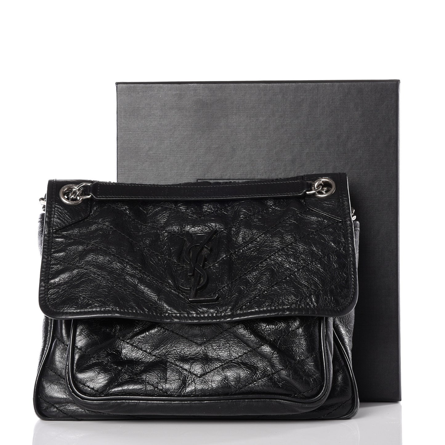Crinkled Calfskin Matelasse Monogram Medium Niki Chain Satchel Black