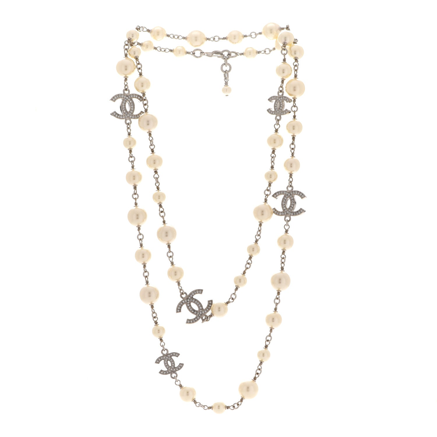 Chanel Crystal Pearl CC Long Necklace Silver 3 of 6