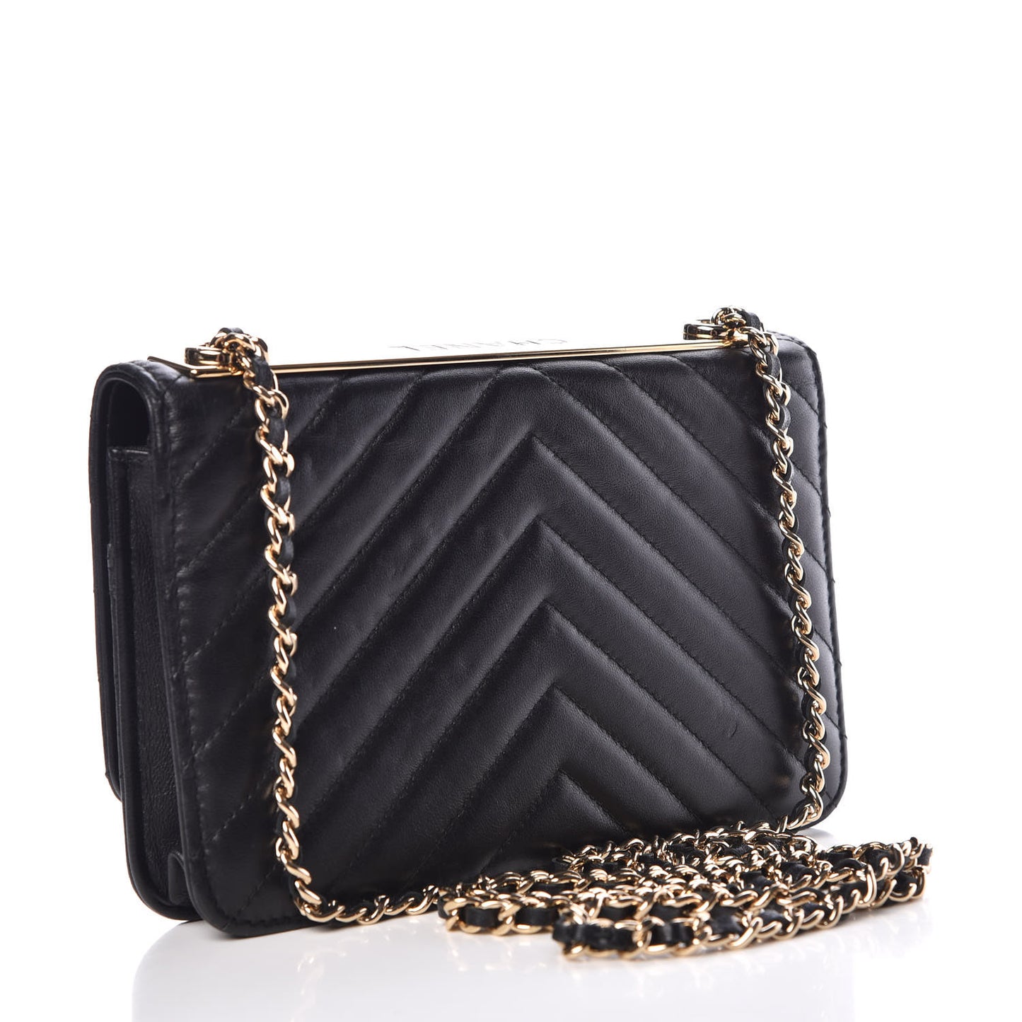 Lambskin Chevron Quilted Trendy CC Wallet On Chain WOC Black