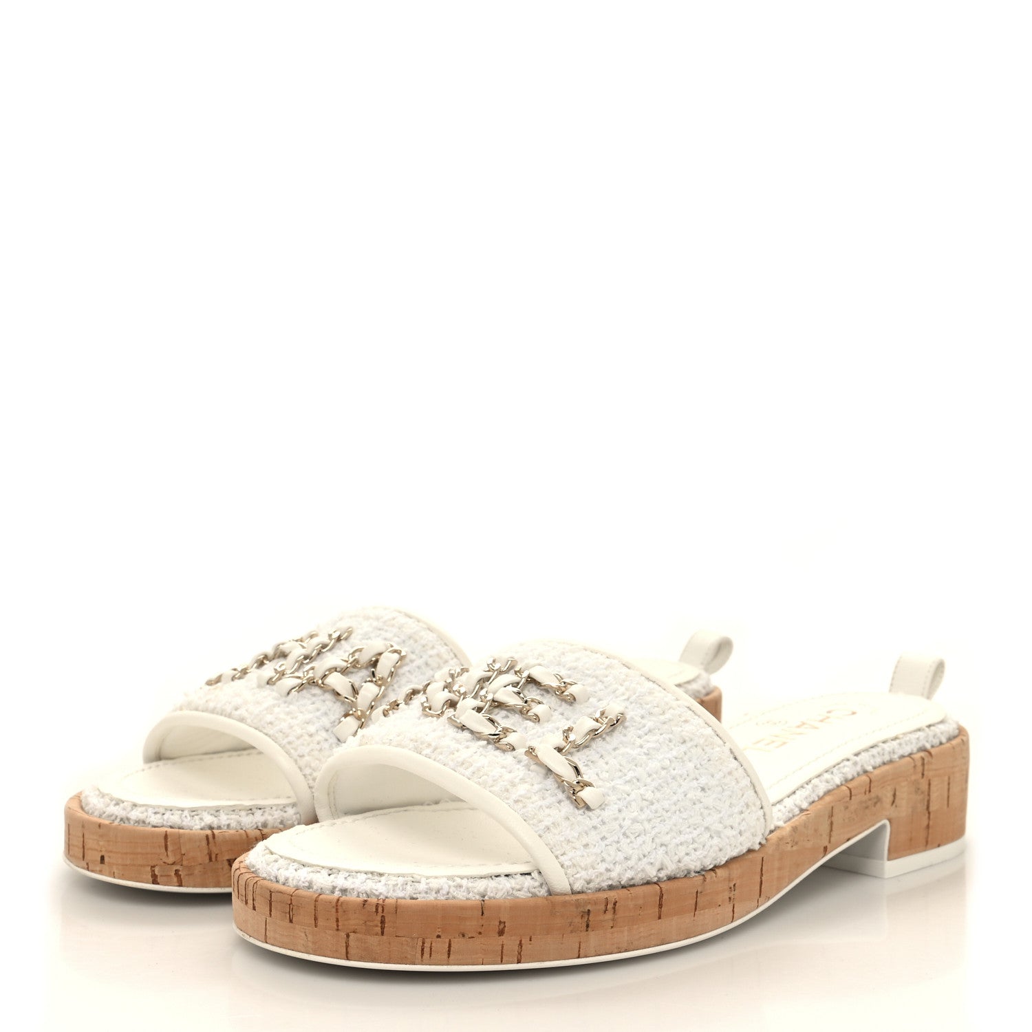 Chanel Tweed Cork CC Chain Mule Sandal 38 White 3 of 9