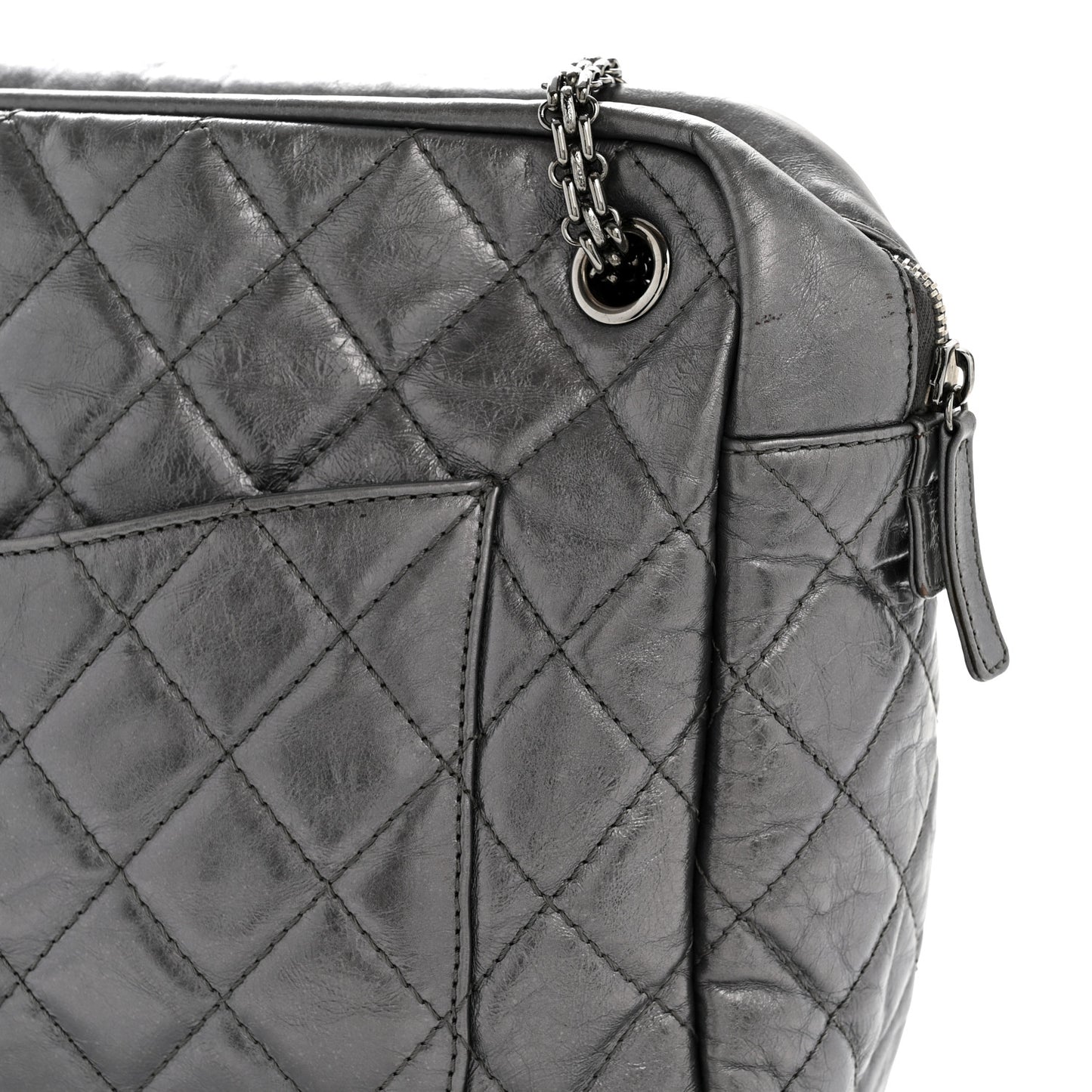 Metallic Aged Calfskin Quilted Large Reissue Camera Case Silver
