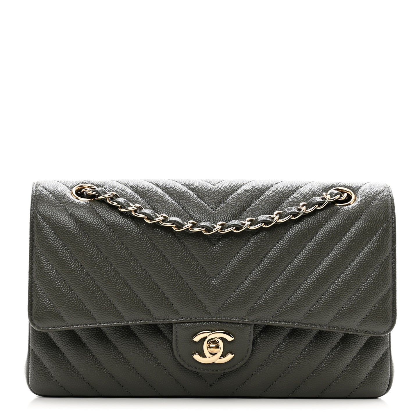 Caviar Chevron Quilted Medium Double Flap Dark Grey