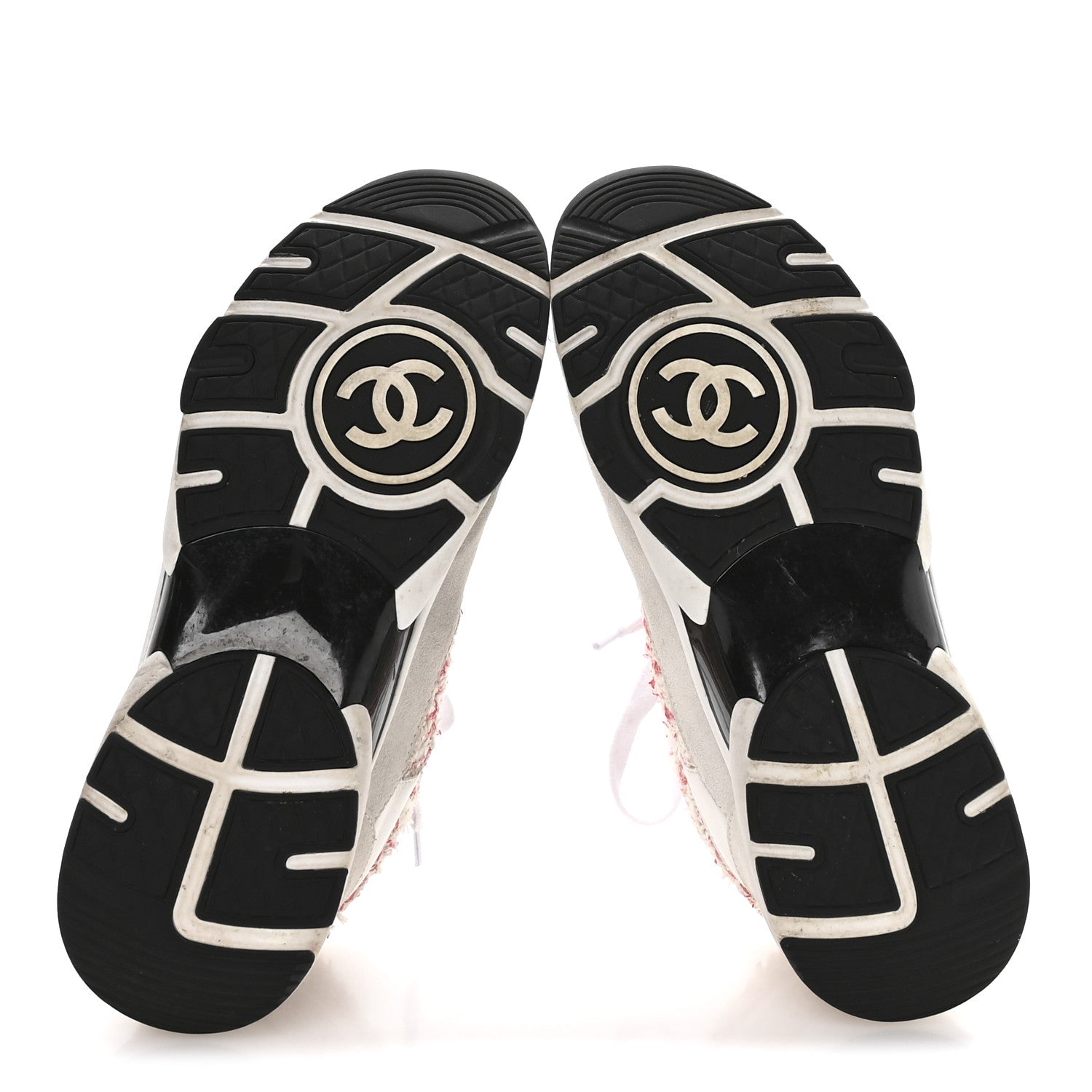 Chanel Tweed Suede Calfskin Womens CC Sneakers 39.5 Ecru Pink Red