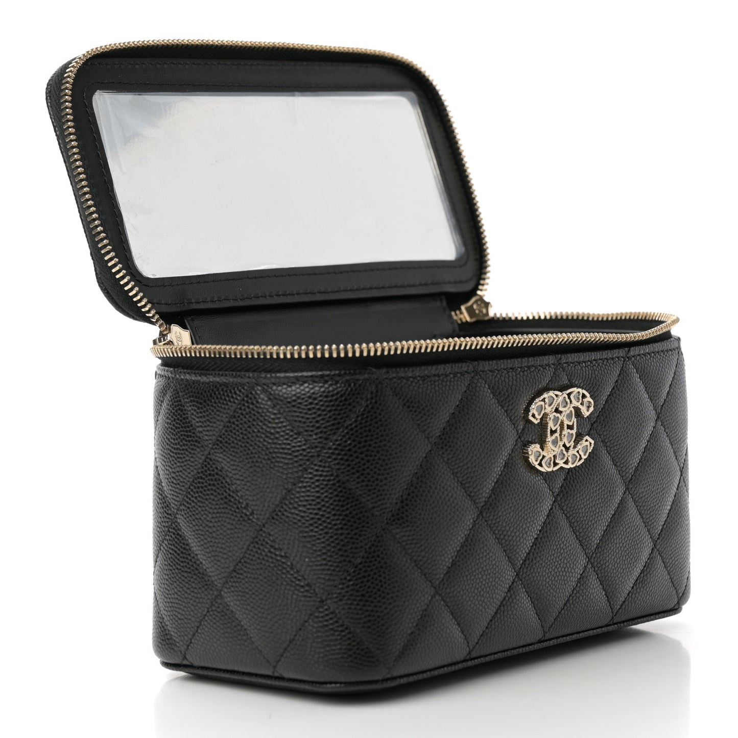 Caviar Quilted Crystal Hearts Small Vanity Case With Chain Black