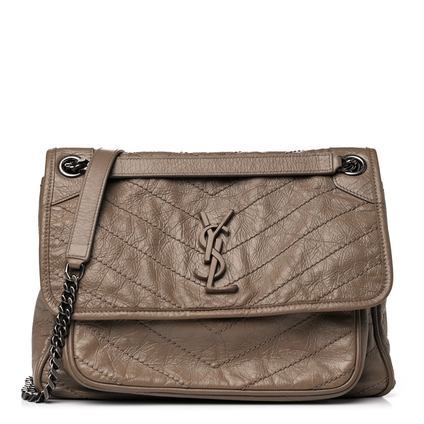 Crinkled Calfskin Matelasse Monogram Medium Niki Chain Satchel Light Taupe