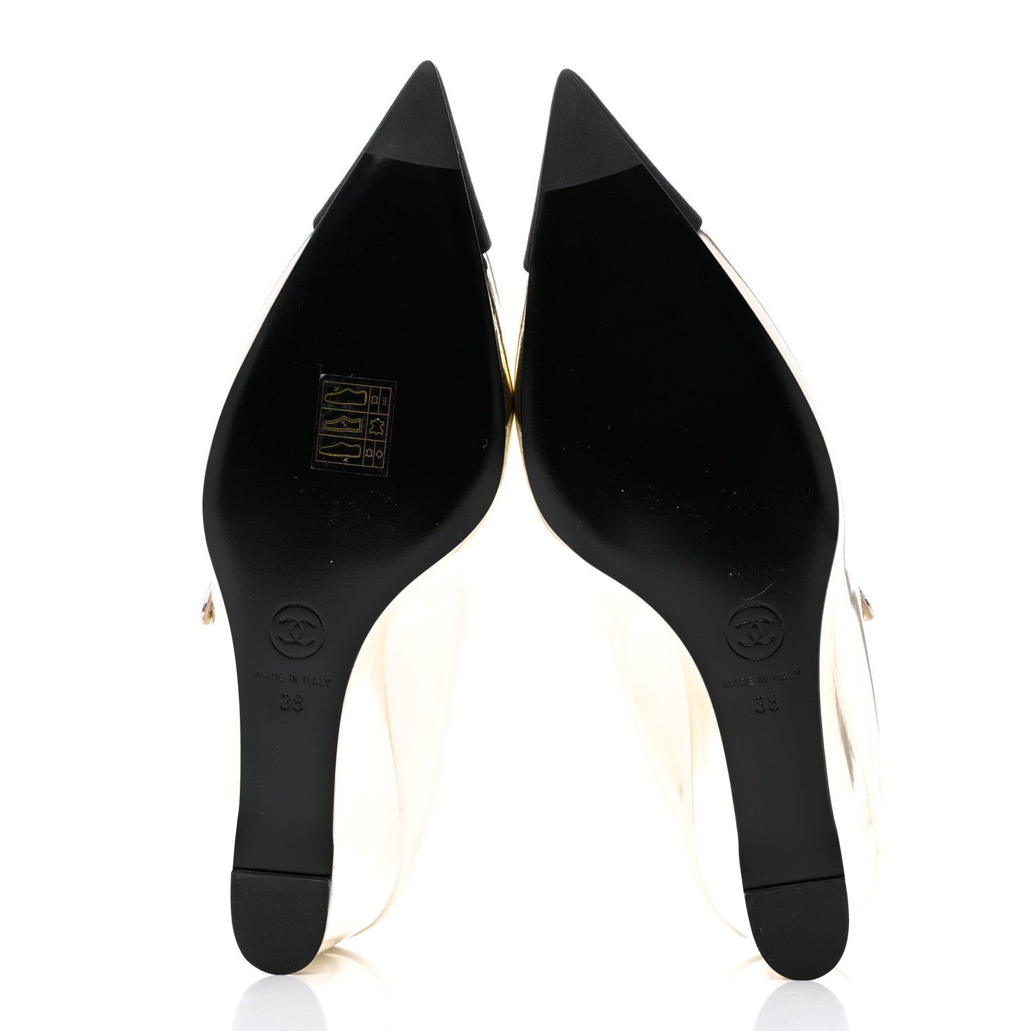 Chanel Laminated Calfskin Grosgrain Cap Toe CC Pointed Toe Wedge Pumps 38 Gold Black 5 of 9