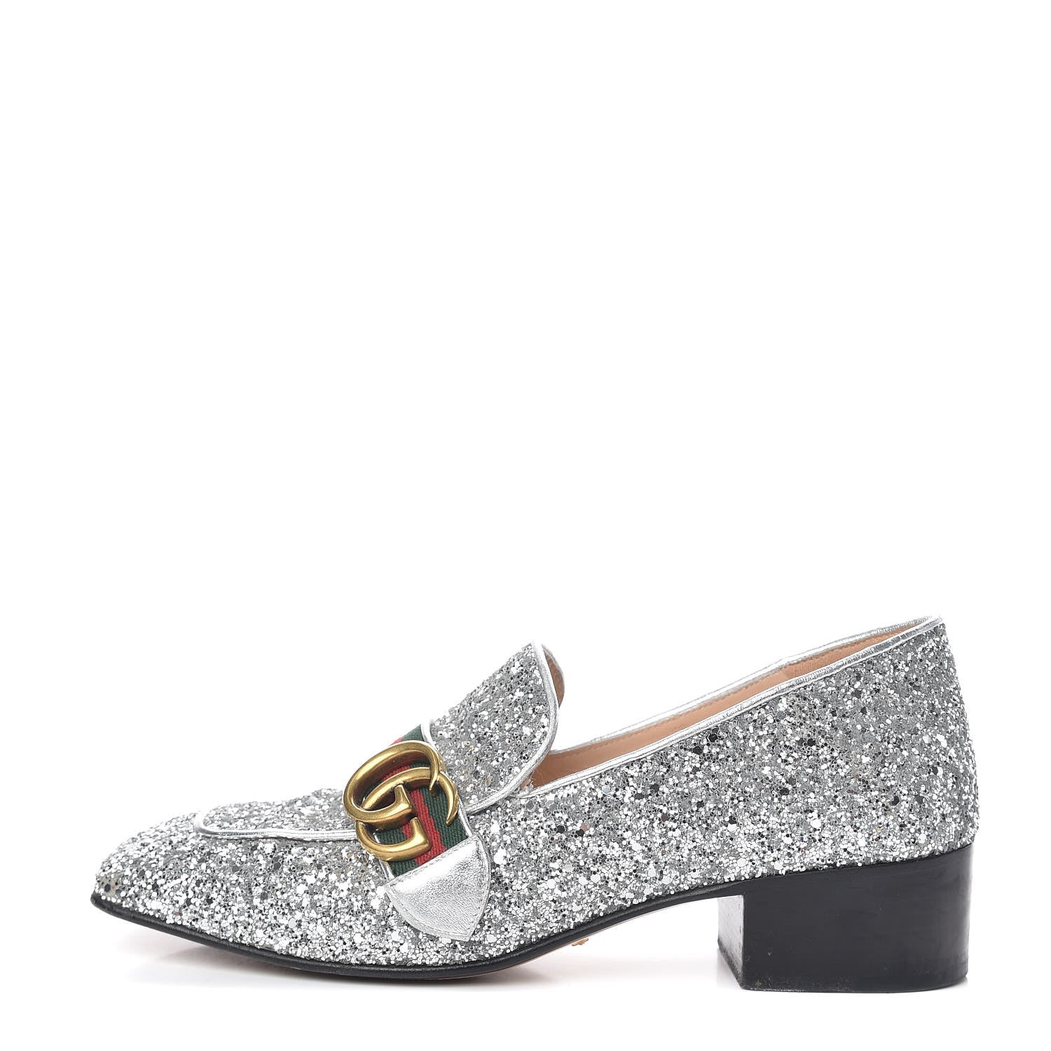 Gucci Glitter Web Peyton Loafers 38 Silver 1 of 11