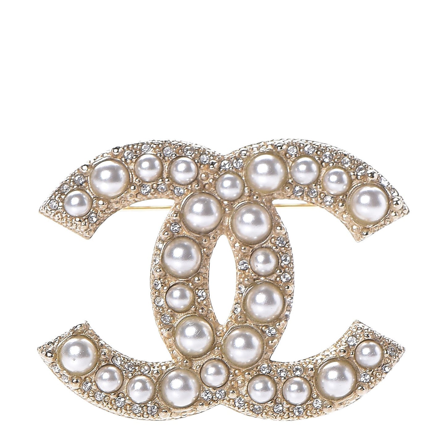 Pearl Crystal CC Brooch Gold