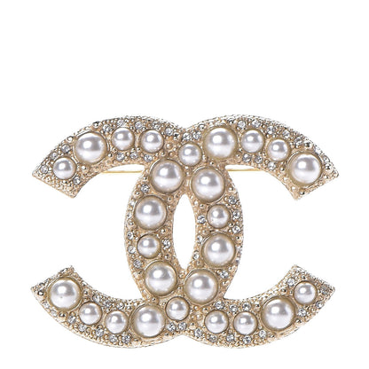Chanel Pearl Crystal CC Brooch Gold 1 of 5