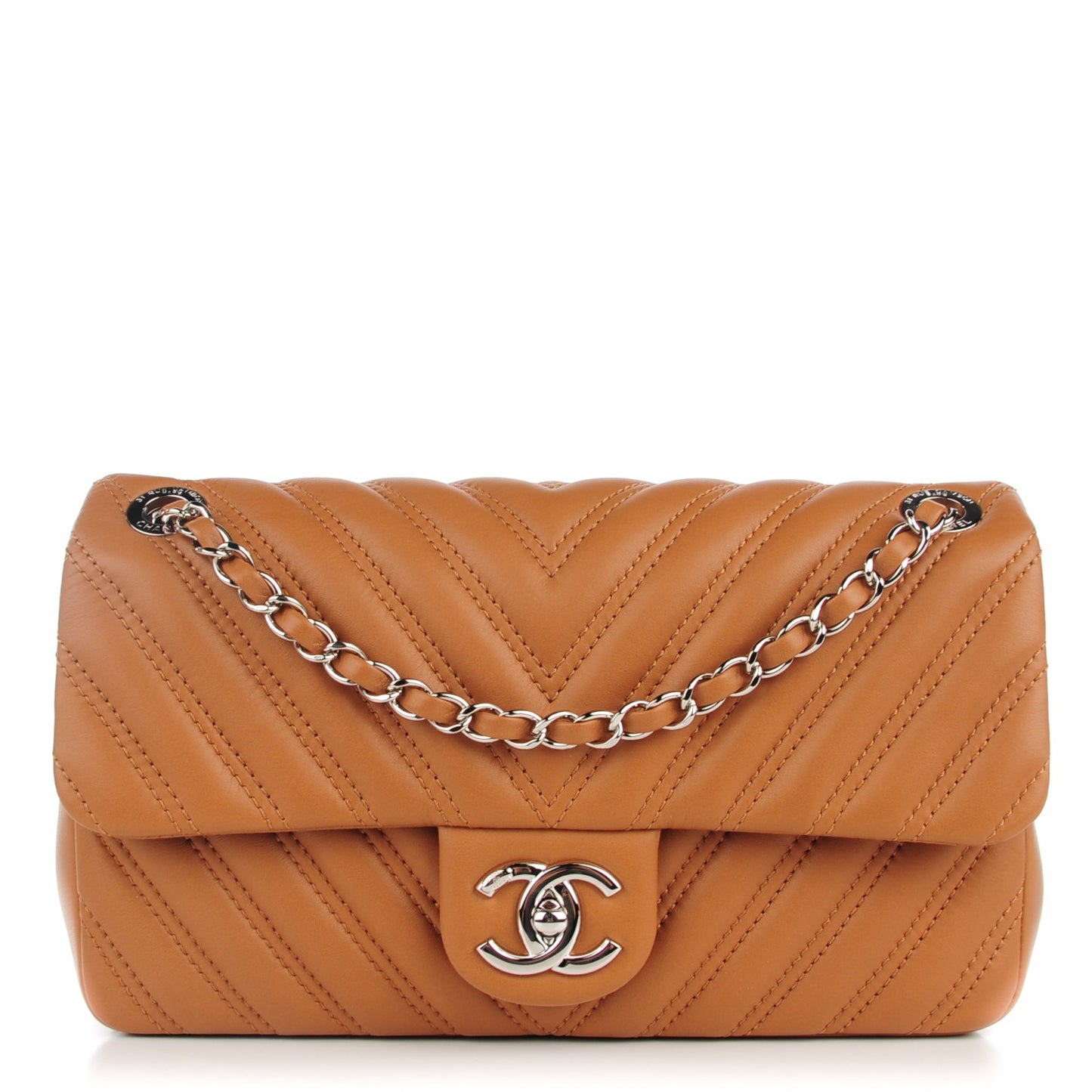 Lambskin Chevron Medium Single Flap Dark Beige