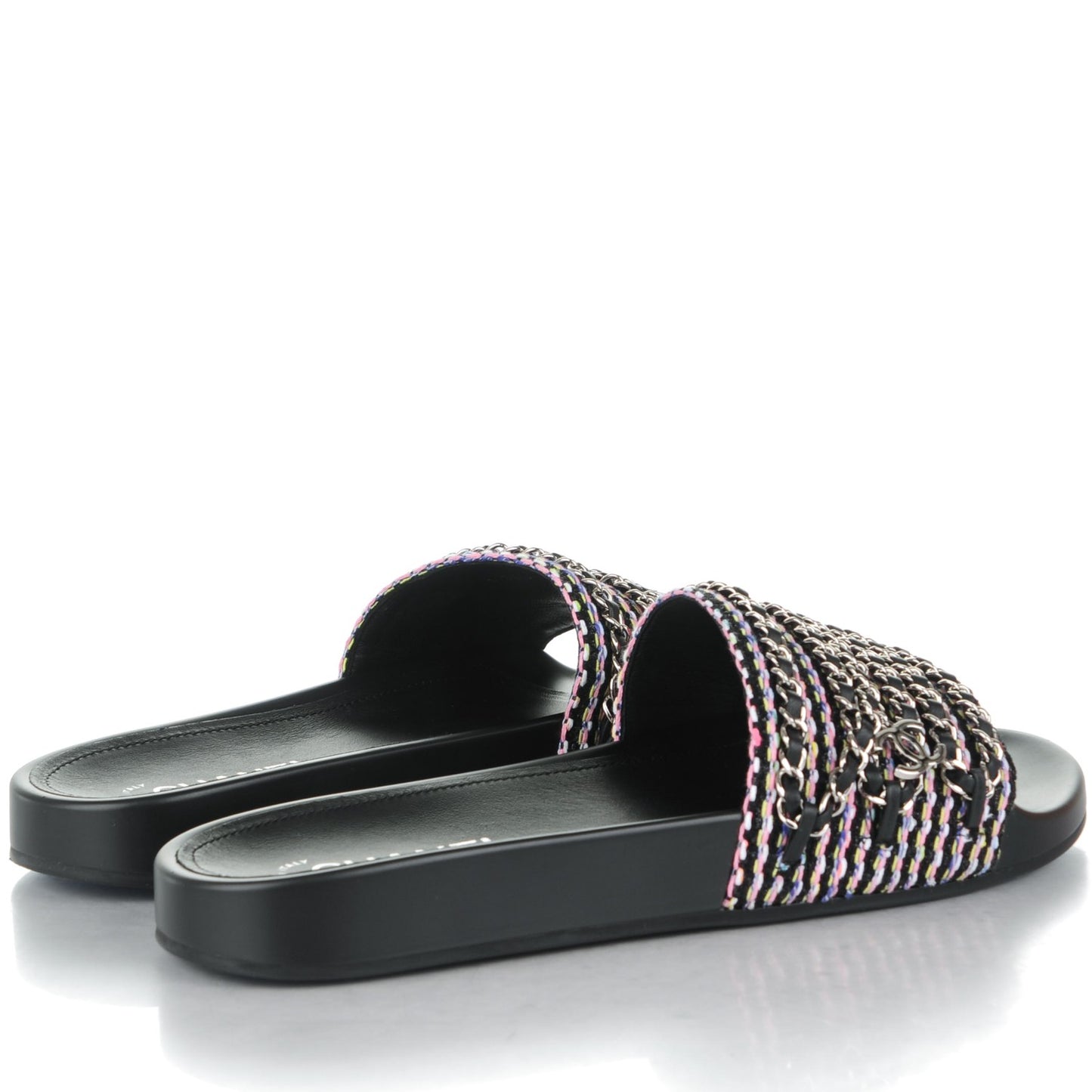 Tweed Lambskin Chain Flat Sandals Black 41 Multicolor