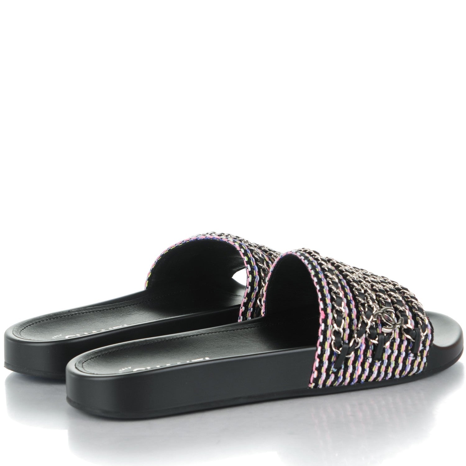 Chanel Tweed Lambskin Chain Flat Sandals Black 41 Multicolor 4 of 8