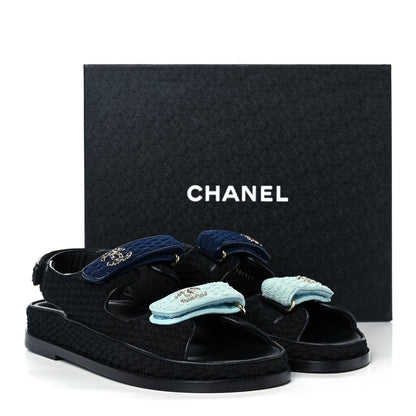 Chanel Knit Fabric Velcro Dad Sandals 38.5 Black Dark Blue Light Blue 9 of 9
