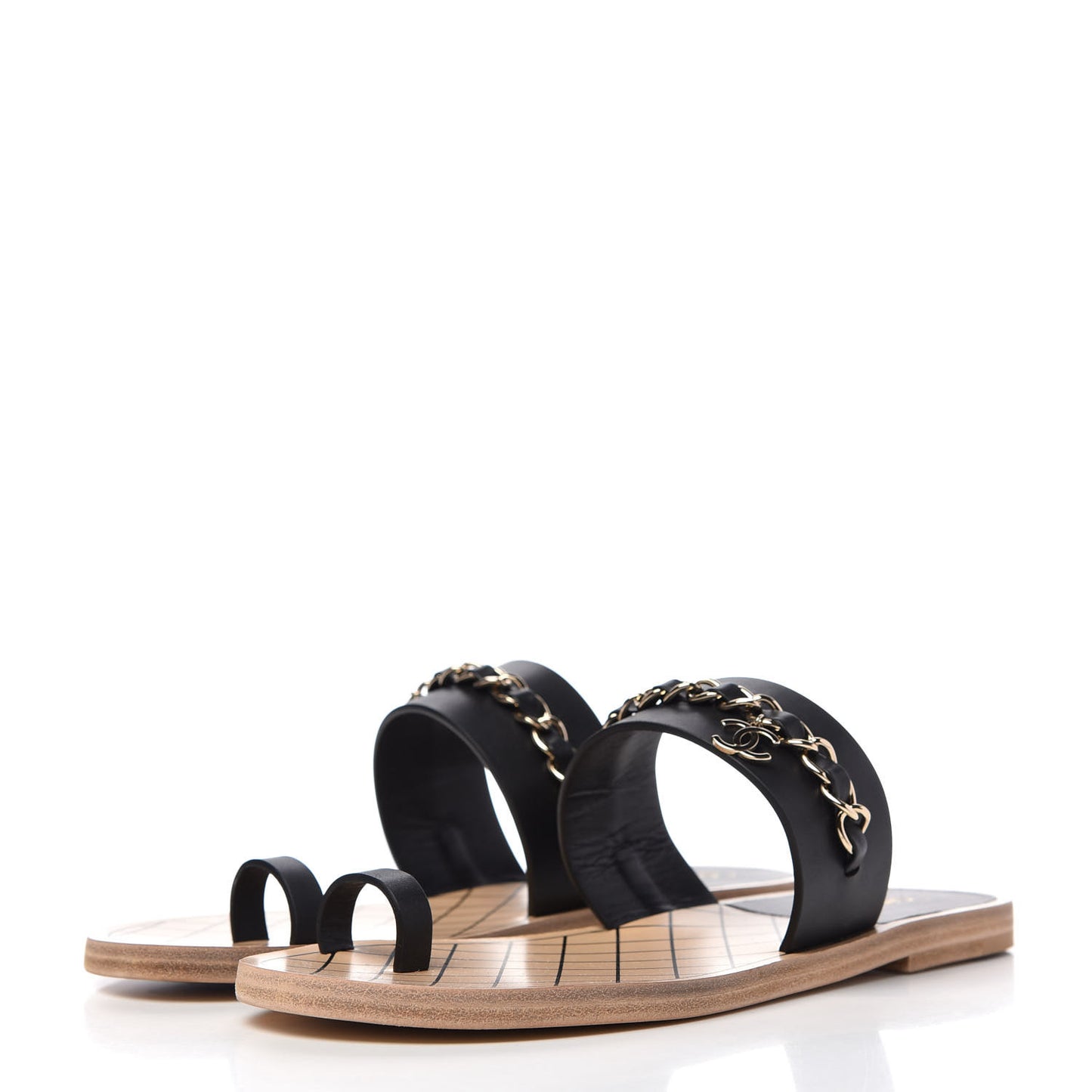 Calfskin Chain CC Logo Toe Ring Sandals 39 Black