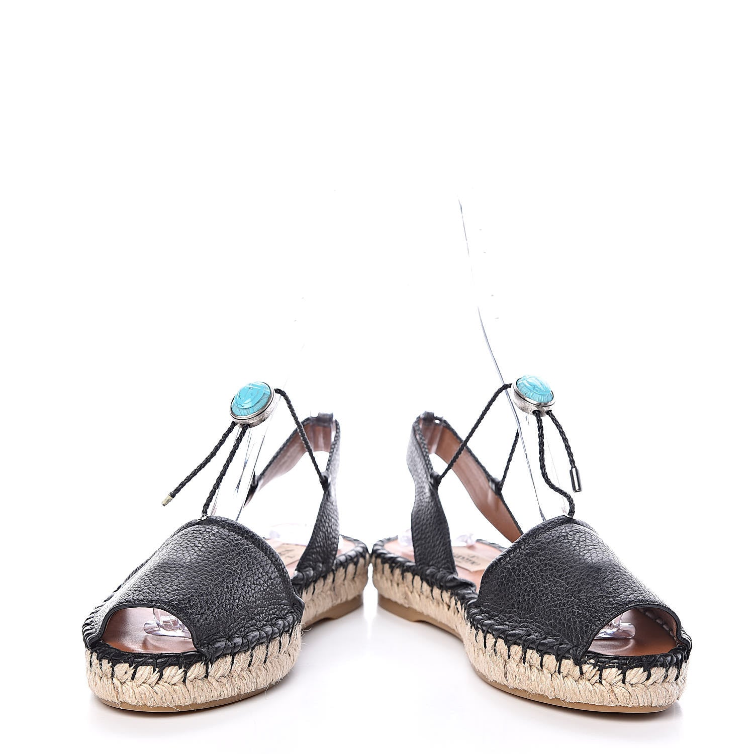 Valentino Garavani Grained Calfskin Turquoise Embellished Espadrilles 37 Black 5 of 9