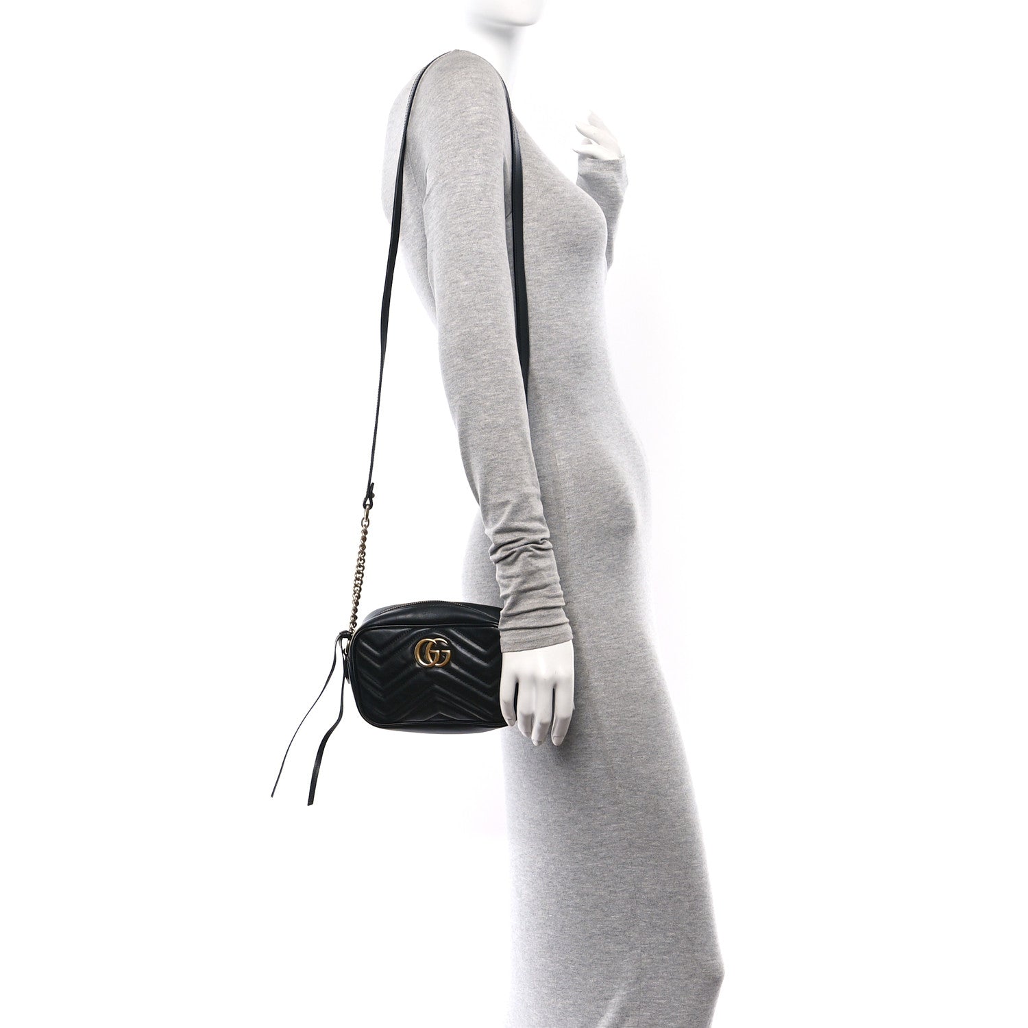 Gucci Calfskin Matelasse Mini GG Marmont Chain Shoulder Bag Black 2 of 11