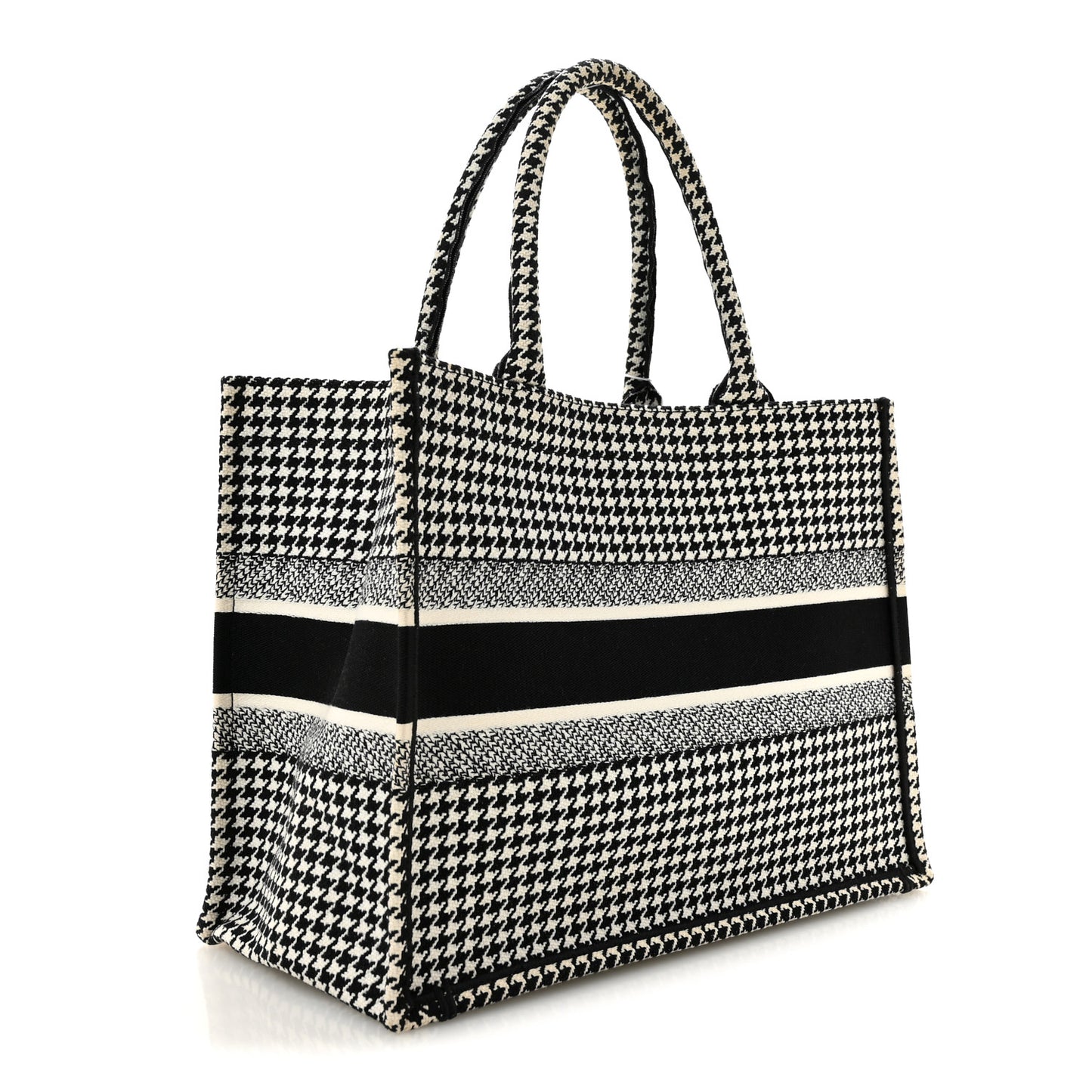 Canvas Houndstooth Embroidered Medium Book Tote Black White