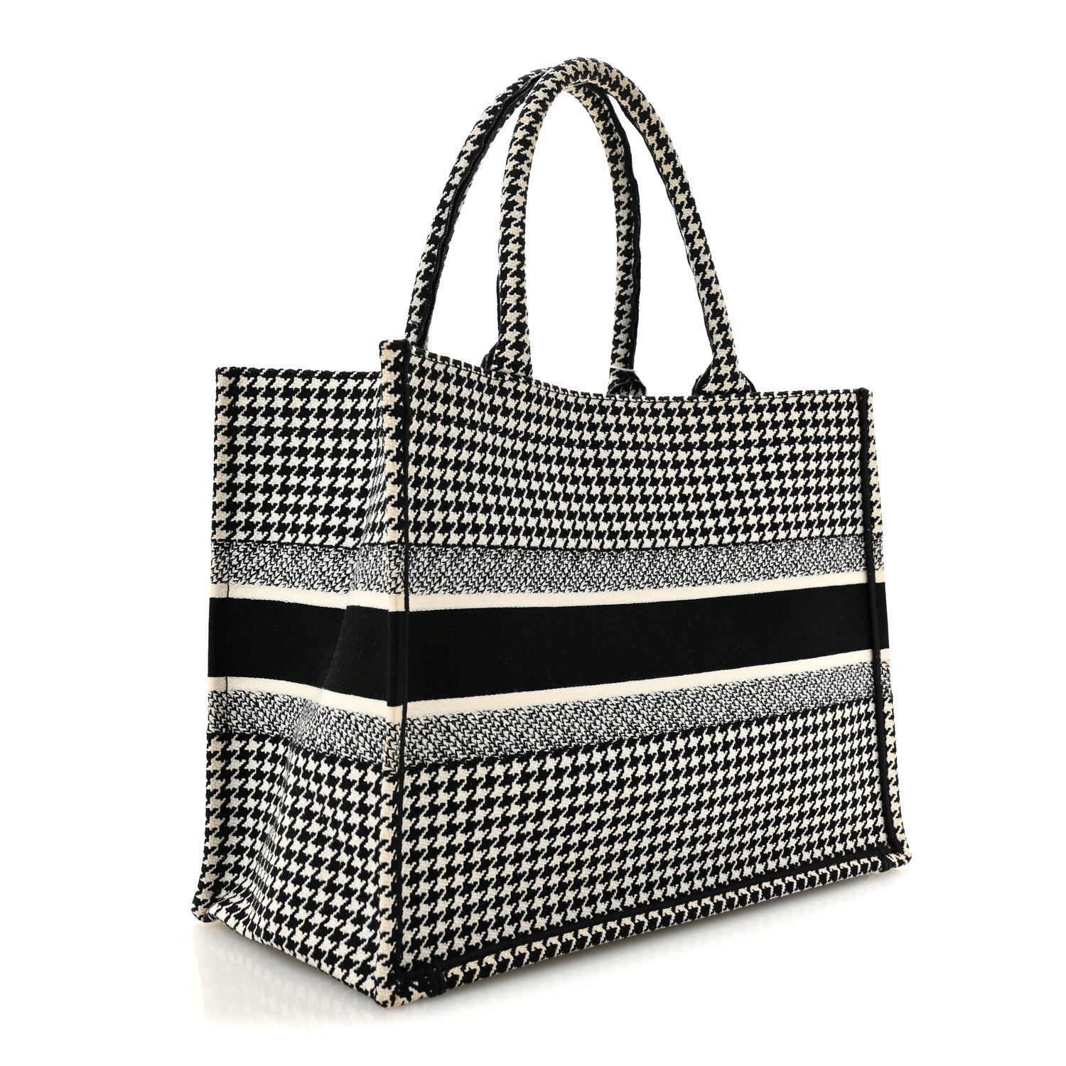 Christian Dior Canvas Houndstooth Embroidered Medium Book Tote Black White 3 of 14