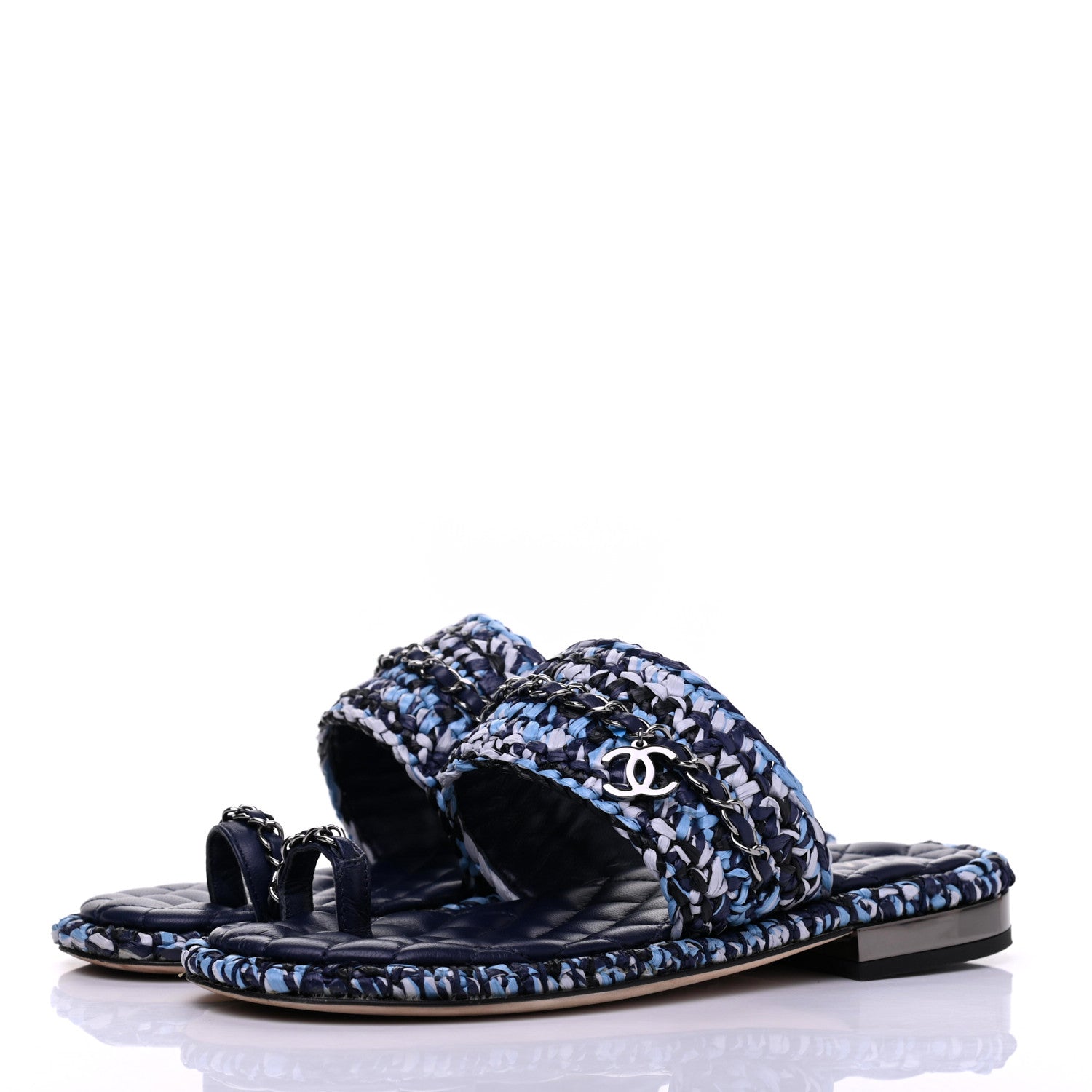 Chanel Lambskin Raffia Chain Flat Sandals 36 Blue Black 3 of 13