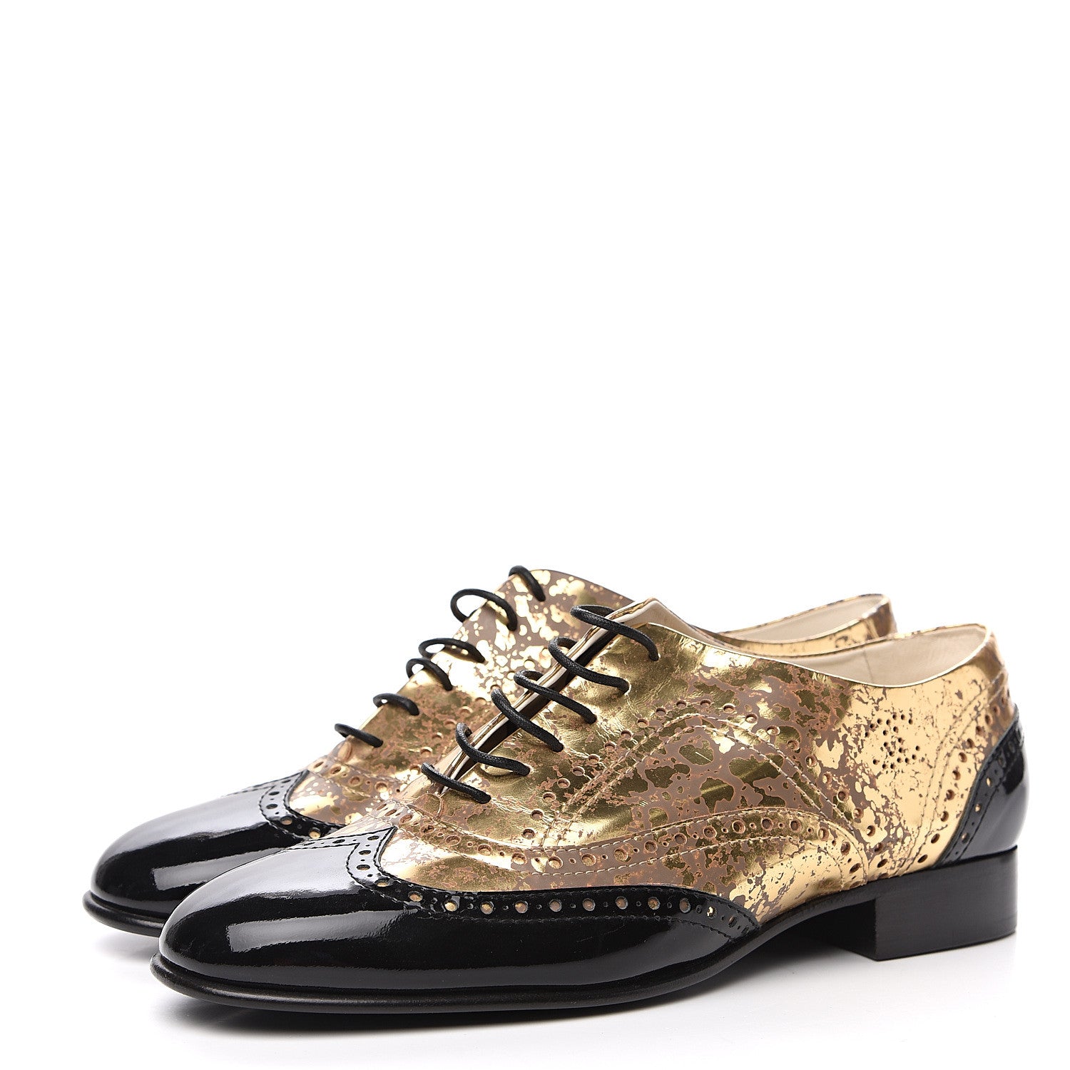Chanel Fantasy Patent Calfskin Lace Up Oxfords 41 Gold Black 3 of 7