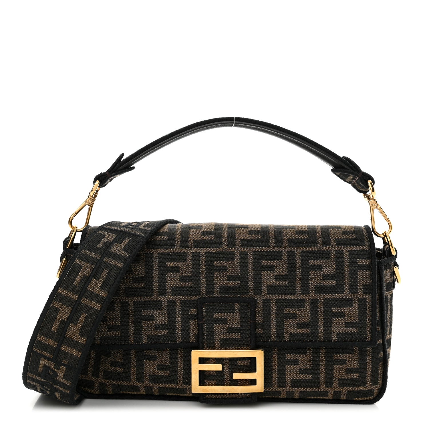 Fendi Fabric Jacquard FF 1974 Medium Baguette Tobacco Moro Black 1 of 12