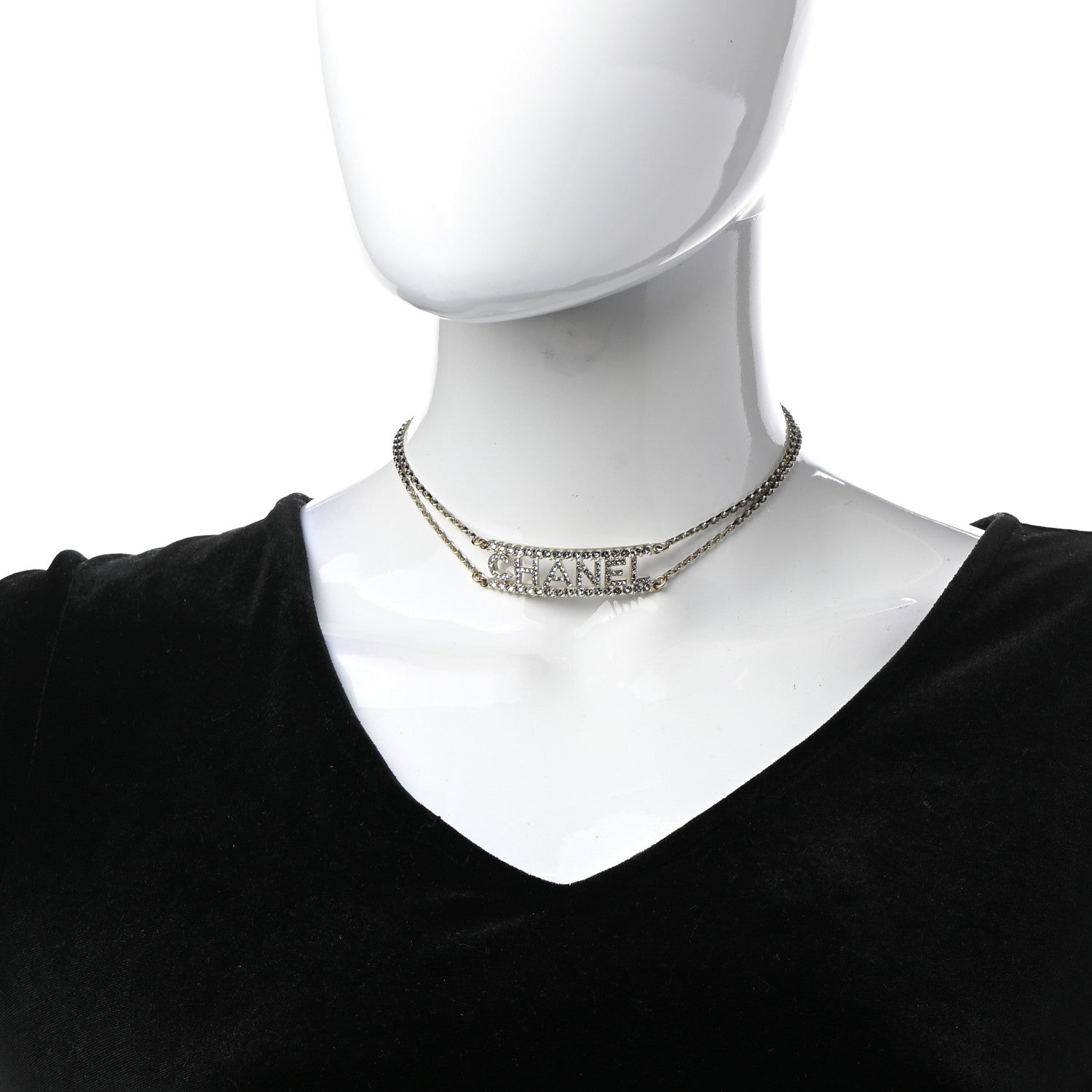 Chanel Metal Crystal Logo Choker Necklace Gold 2 of 7