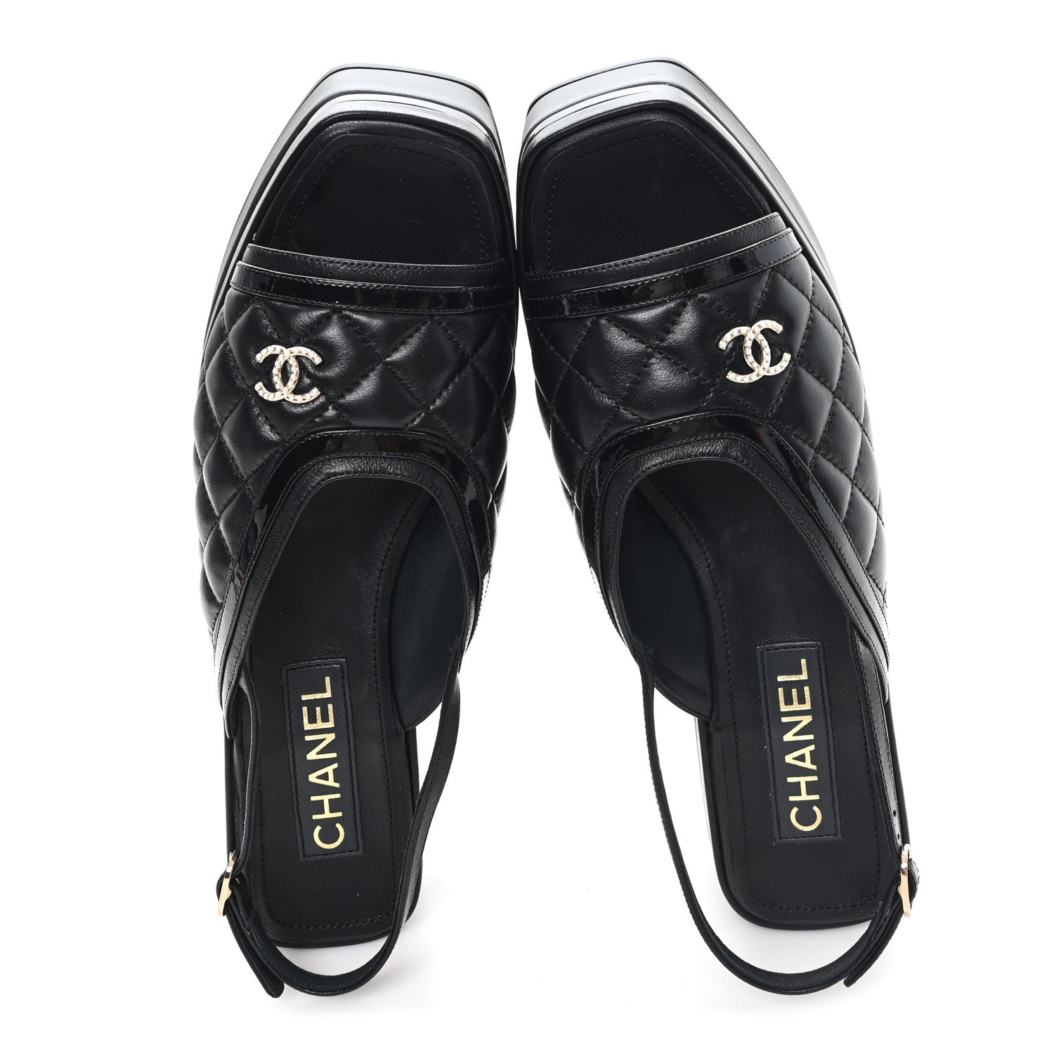 Chanel Lambskin Patent Quilted CC Platform Sandals 39.5 Black 2 of 10