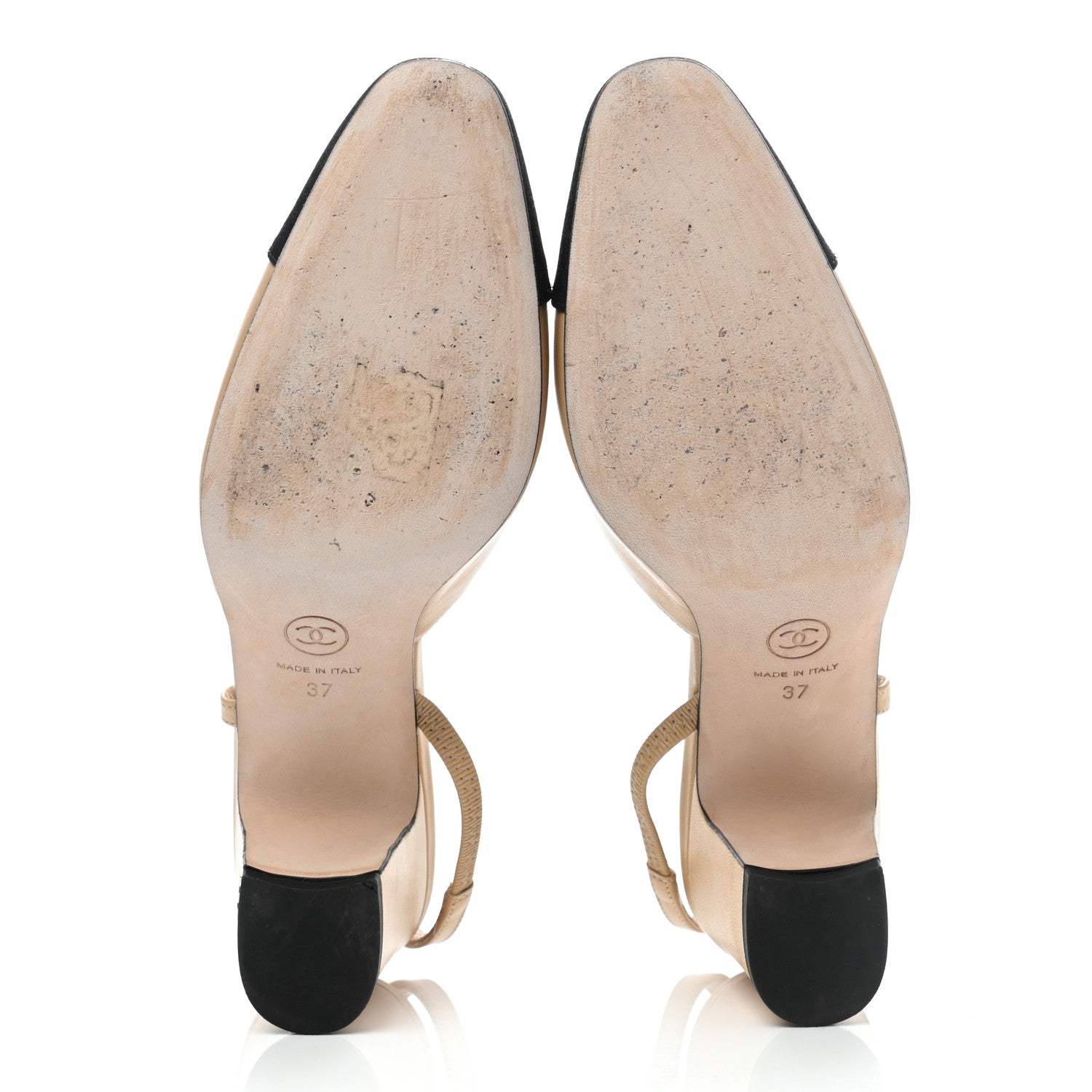 Chanel Goatskin Grosgrain Cap Toe CC Slingback Pumps 37 Beige Black 5 of 7