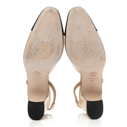 Chanel Goatskin Grosgrain Cap Toe CC Slingback Pumps 37 Beige Black 5 of 7