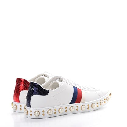 Gucci Calfskin Ayers Web Pearl Studded Womens Ace Sneakers 38.5 White 4 of 8