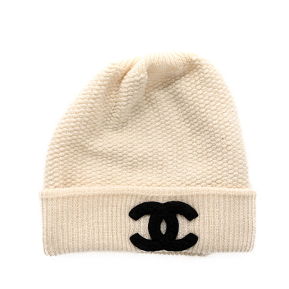 Chanel Wool Cashmere CC Beanie Hat Ivory Black 1 of 4