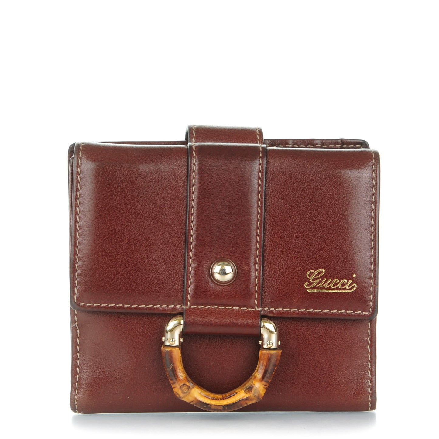 Calfskin Bamboo D Ring Compact Wallet Brown