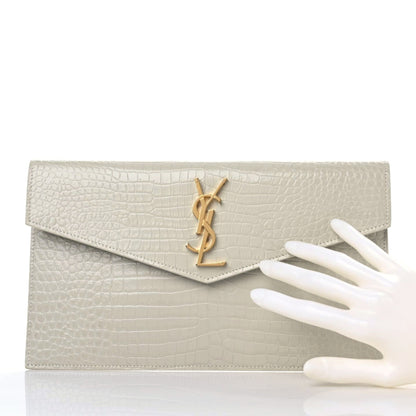 Saint Laurent Calfskin Crocodile Embossed Uptown Monogram Pouch Crema Soft 2 of 9