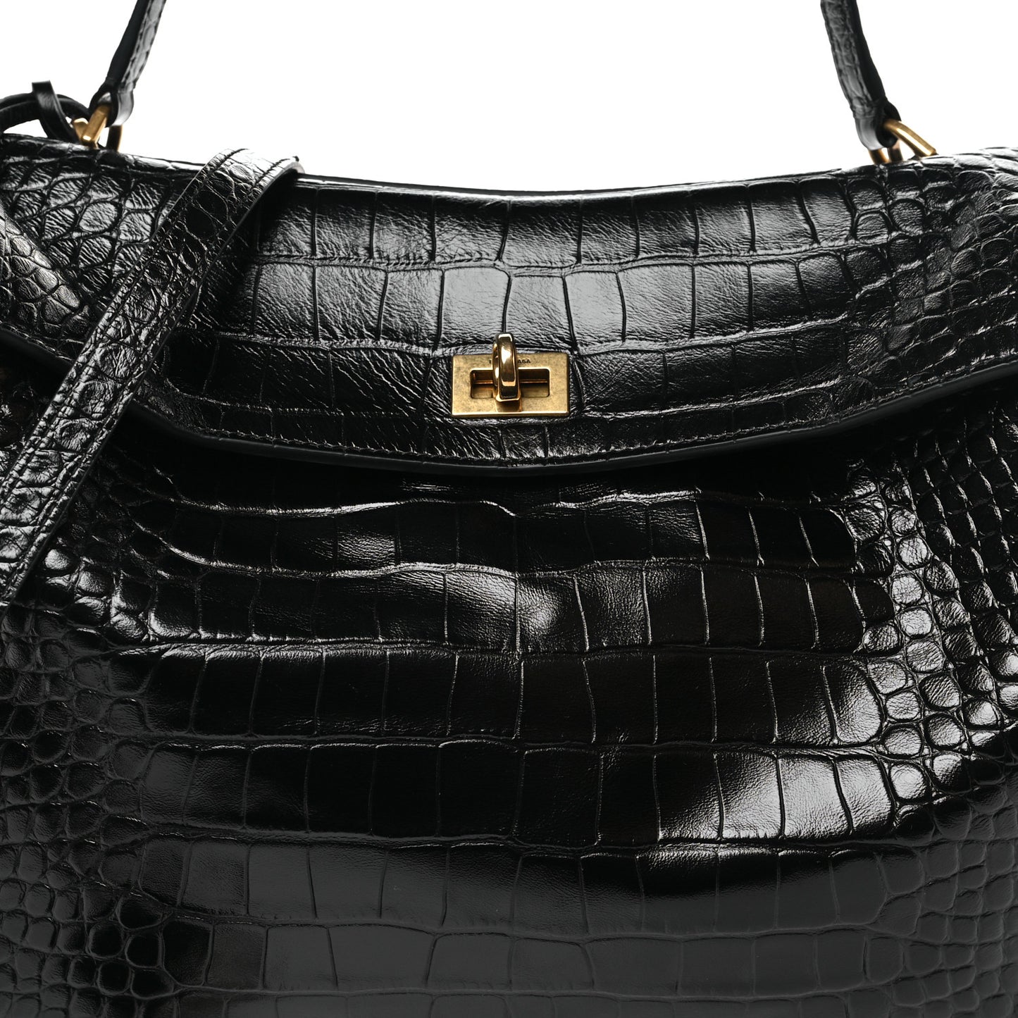 Shiny Calfskin Crocodile Embossed Medium Rodeo Top Handle Handbag Black