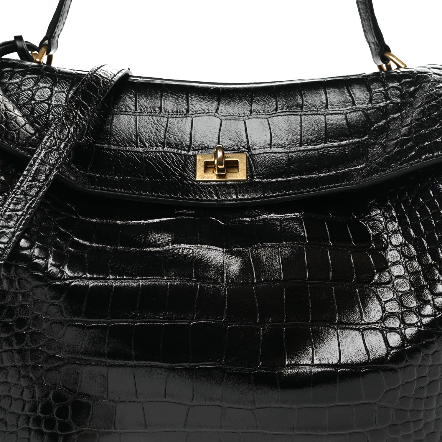 Balenciaga Shiny Calfskin Crocodile Embossed Medium Rodeo Top Handle Handbag Black 6 of 9