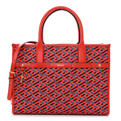 Versace Coated Canvas Calfskin La Greca Signature Tote Bag Blue Red 1 of 9