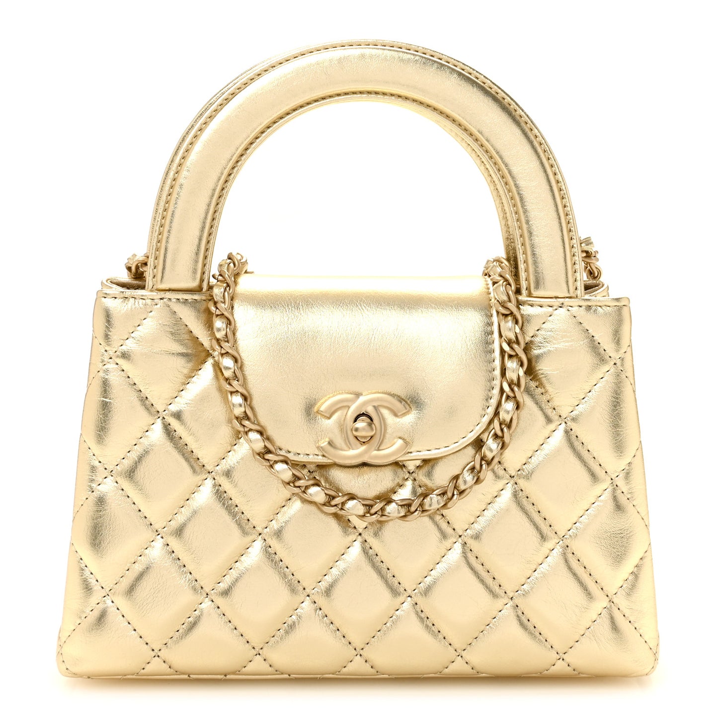 Metallic Shiny Aged Calfskin Quilted Nano Kelly Shopper Gold