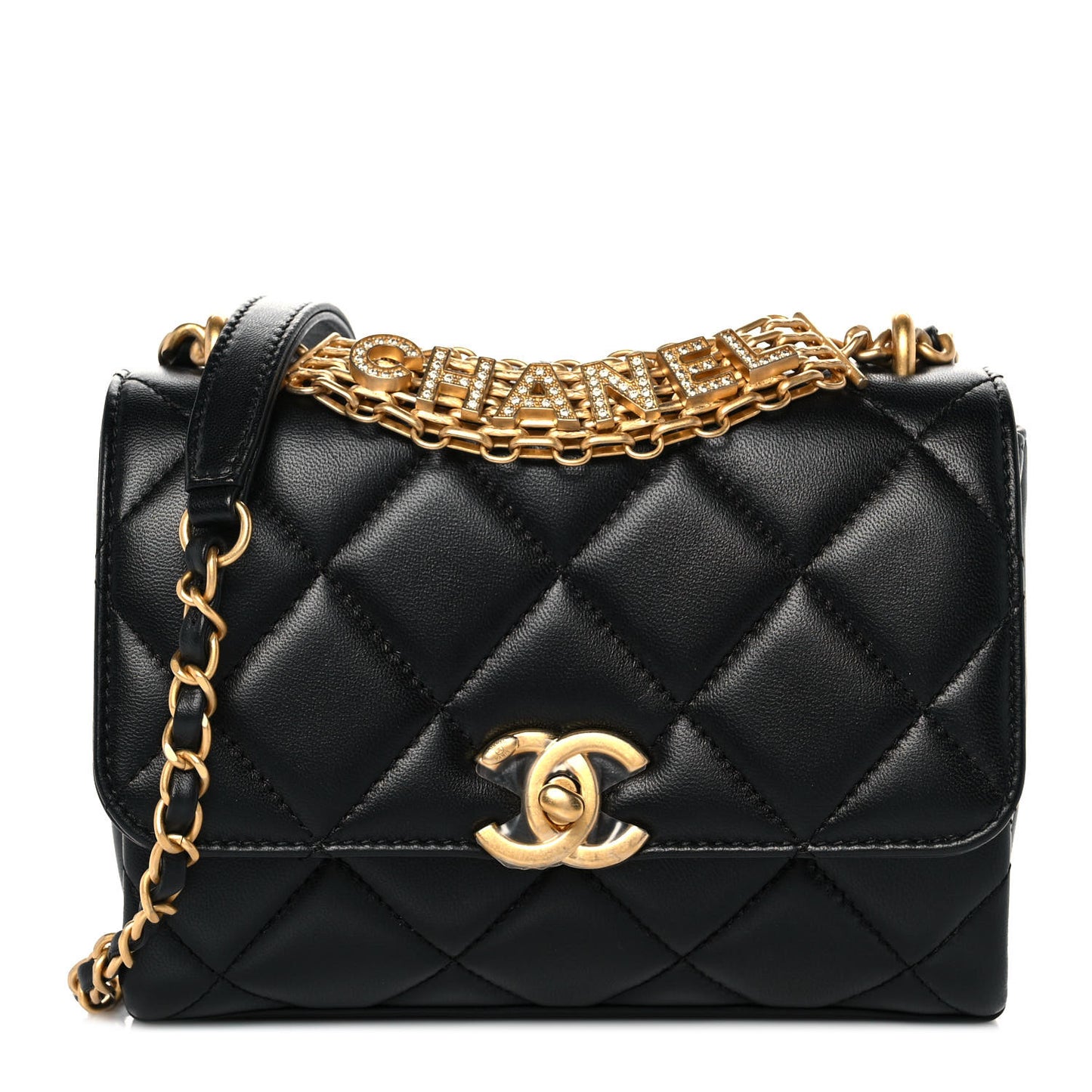Lambskin Quilted Mini CC Crystal Logo Chain Flap Black