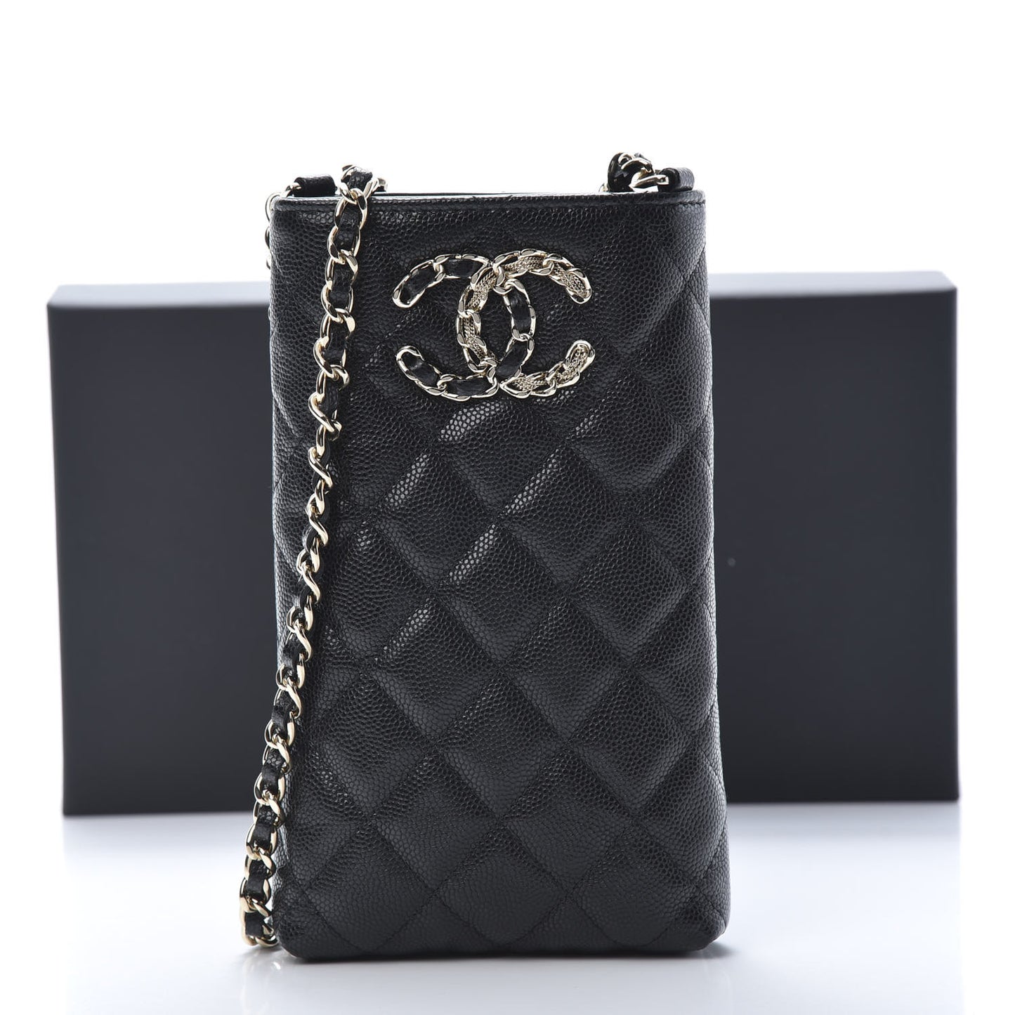 Caviar Quilted French New Wave Phone Holder With Chain Black