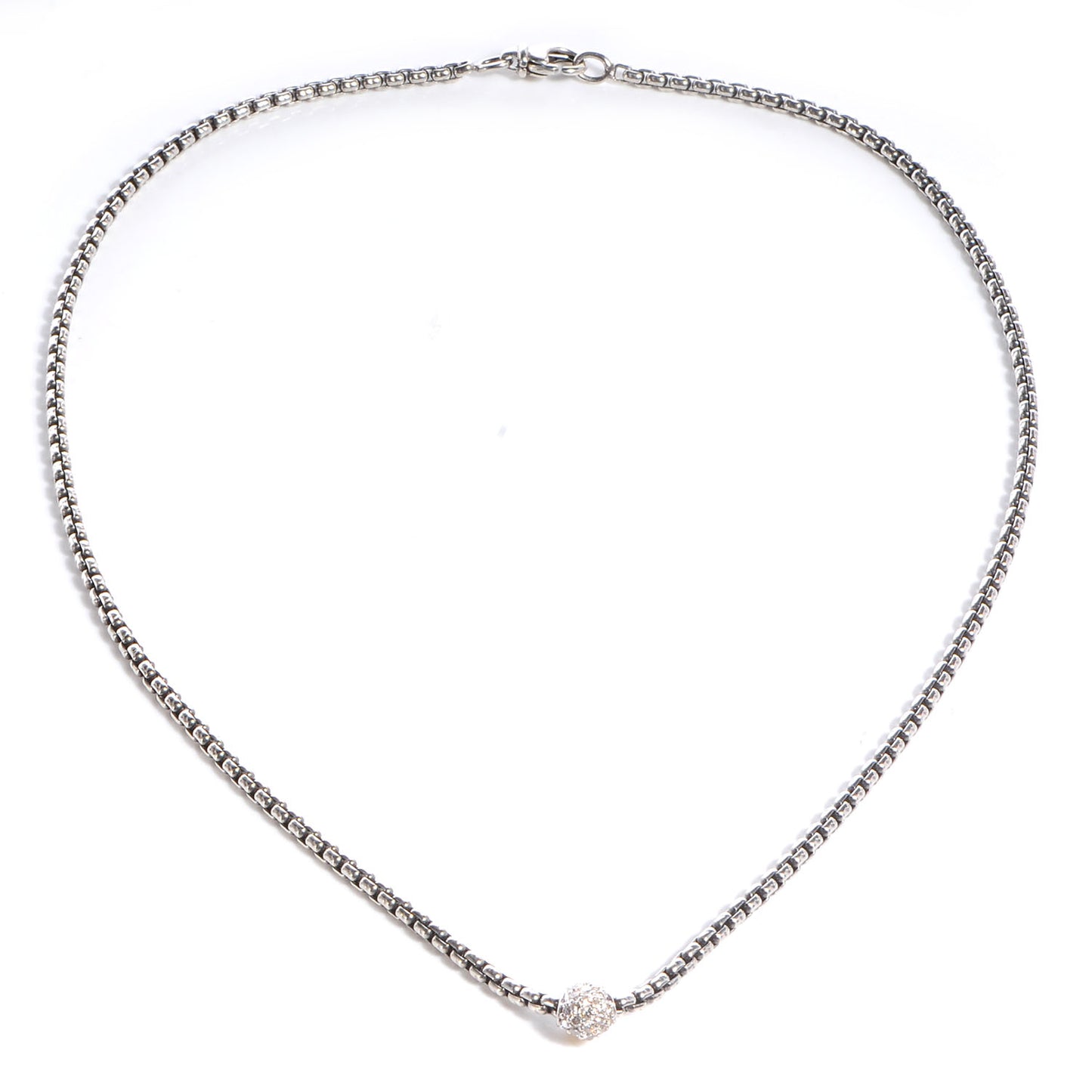 Sterling Silver 18K White Gold Diamond Pave Ball Box Chain Necklace