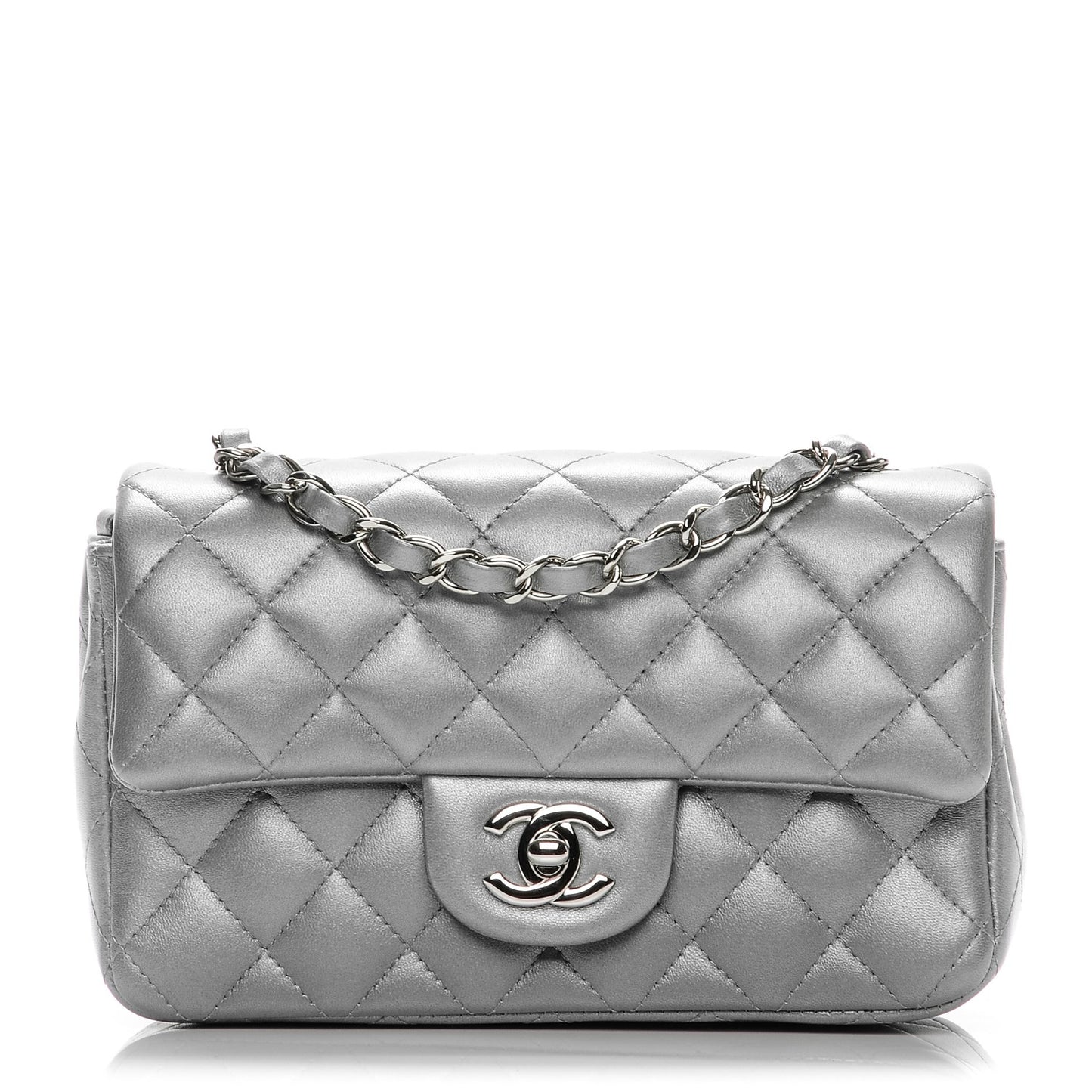Metallic Lambskin Quilted Mini Rectangular Flap Silver