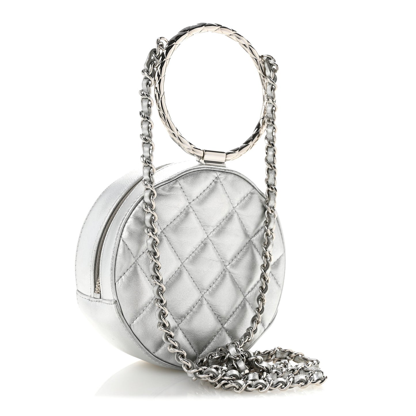 Metallic Calfskin Quilted Round Bracelet Clutch With Chain Silver