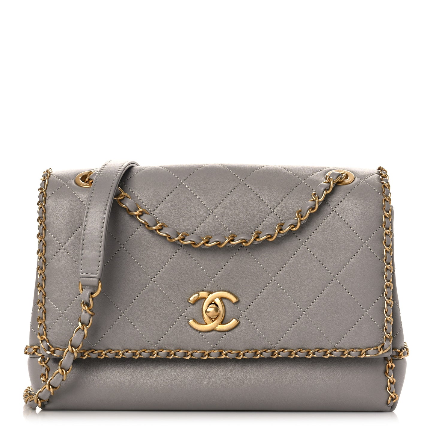 Calfskin Stitched Chain Flap Grey