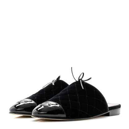 Chanel Velvet Patent Quilted Cap Toe Womens CC Mules 39.5 Black 3 of 11