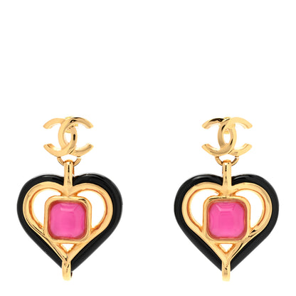 Chanel Resin Heart CC Drop Earrings Black Pink Gold 1 of 4