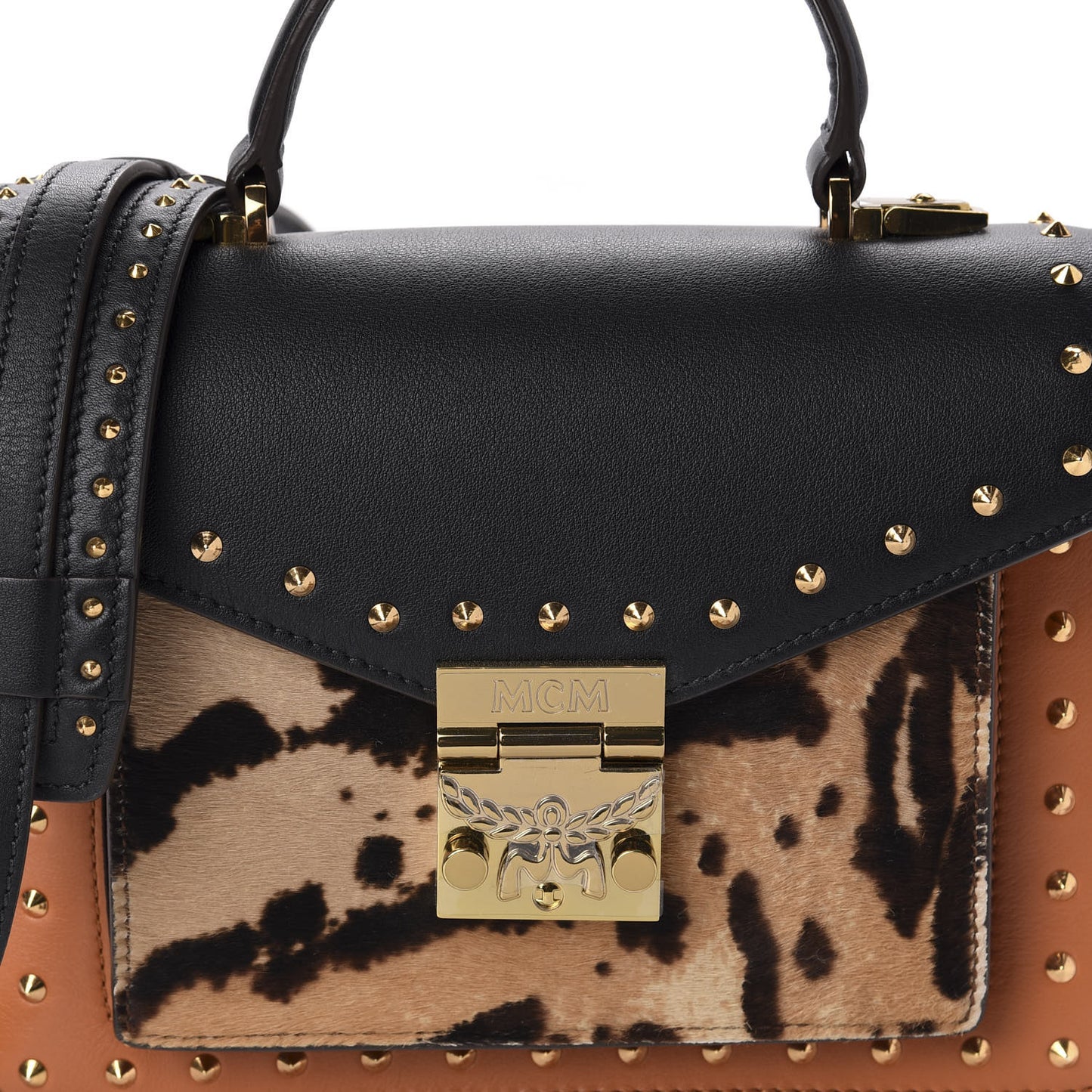 Calfskin Leopard Studded Small Patricia Crossbody Bag Cognac Black