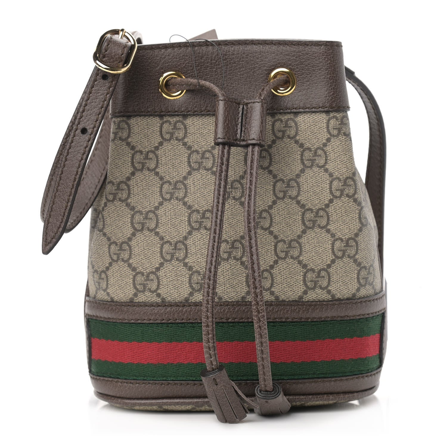 Gucci GG Supreme Monogram Web Mini Ophidia Bucket Bag Brown 1 of 9