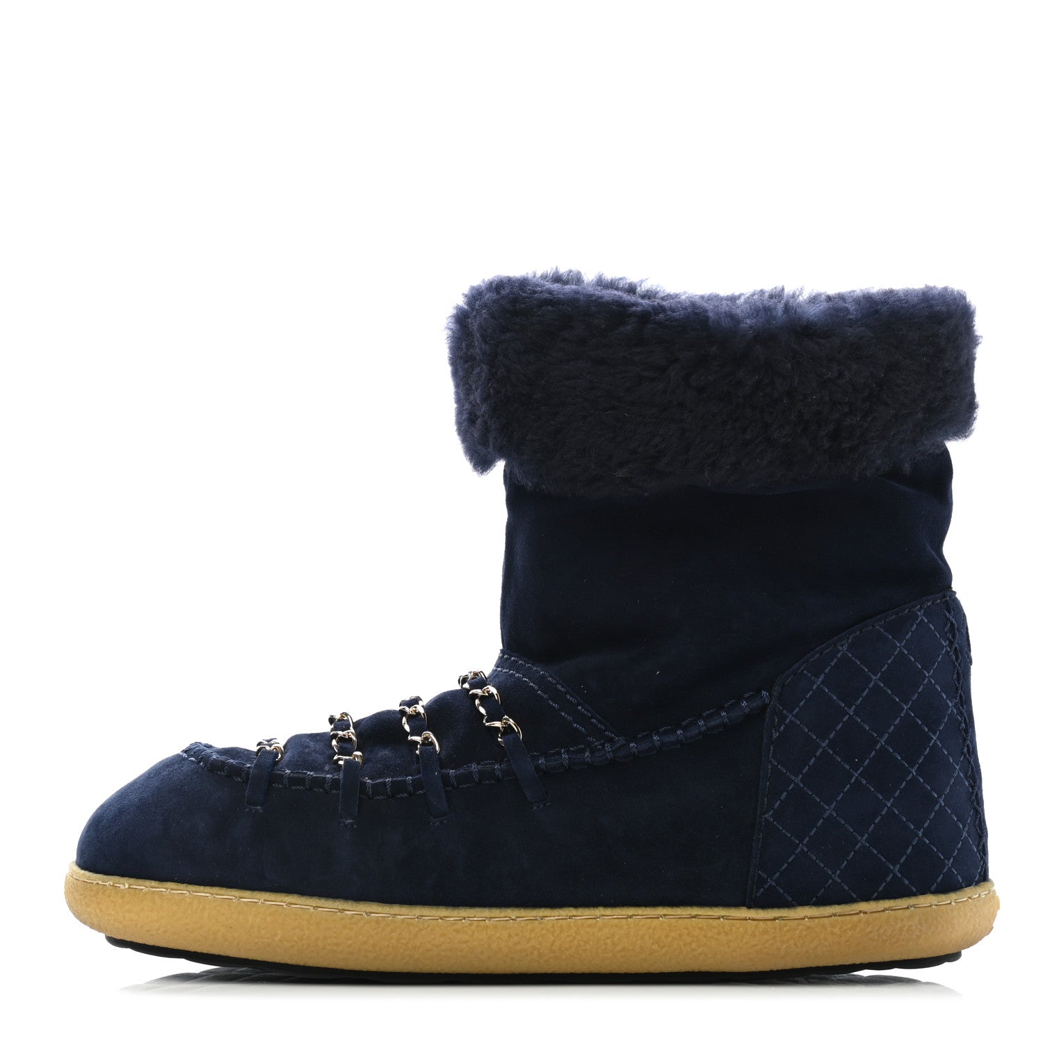 Chanel Suede Shearling Chain Link Short Boots 39.5 Navy 1 of 8