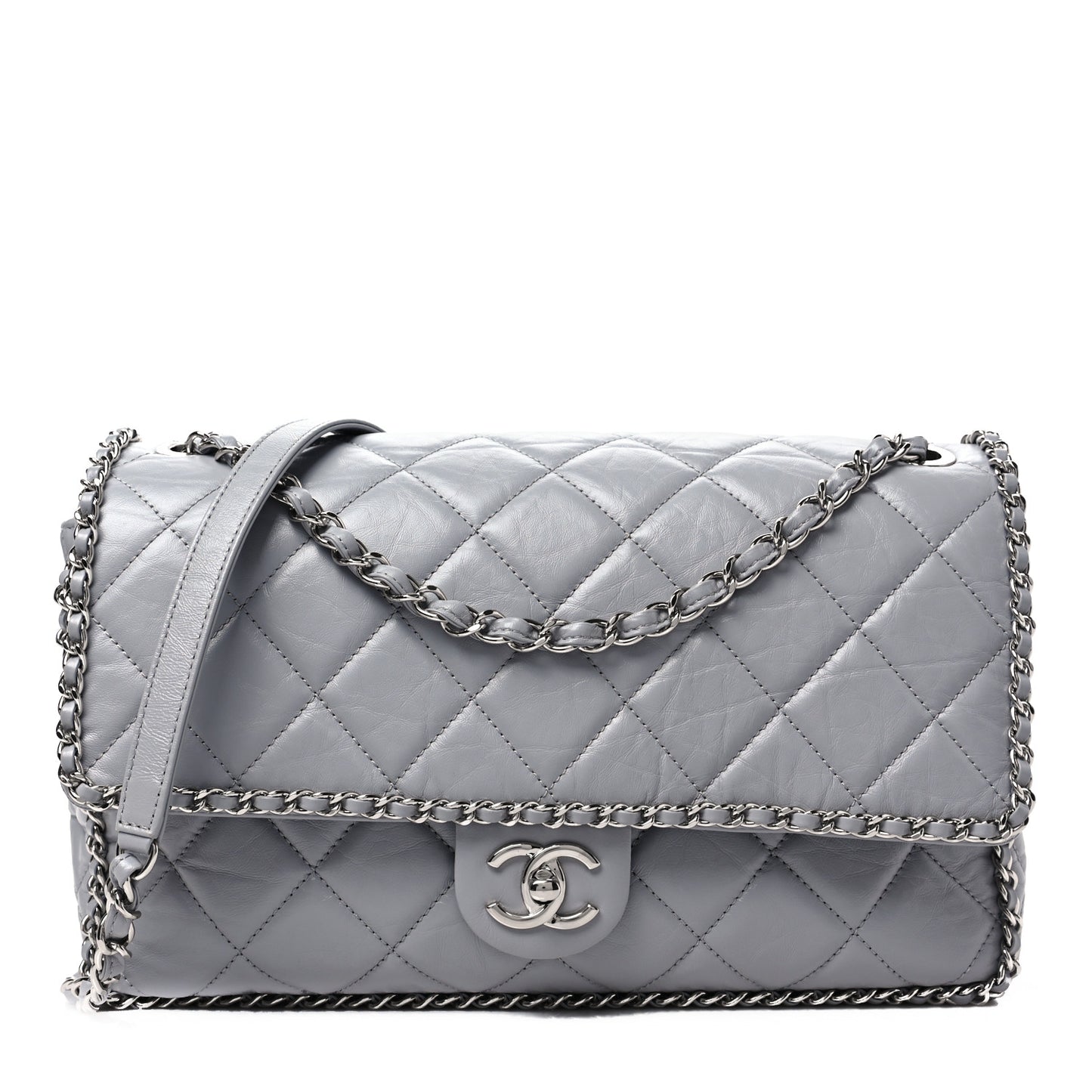 Crumpled Calfskin Large Chain All Over Flap Grey