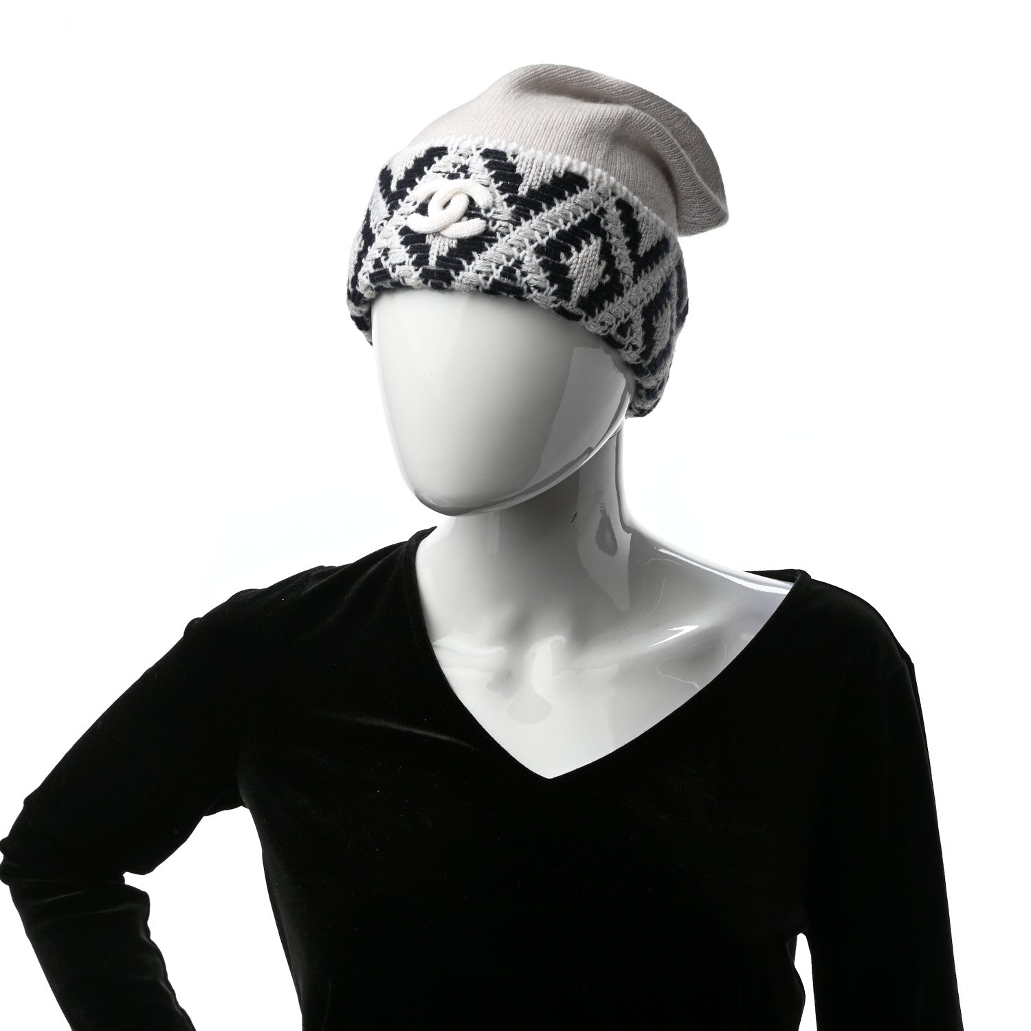 Chanel Cashmere Blend CC Beanie Hat With Gloves Set White Navy Blue 2 of 5